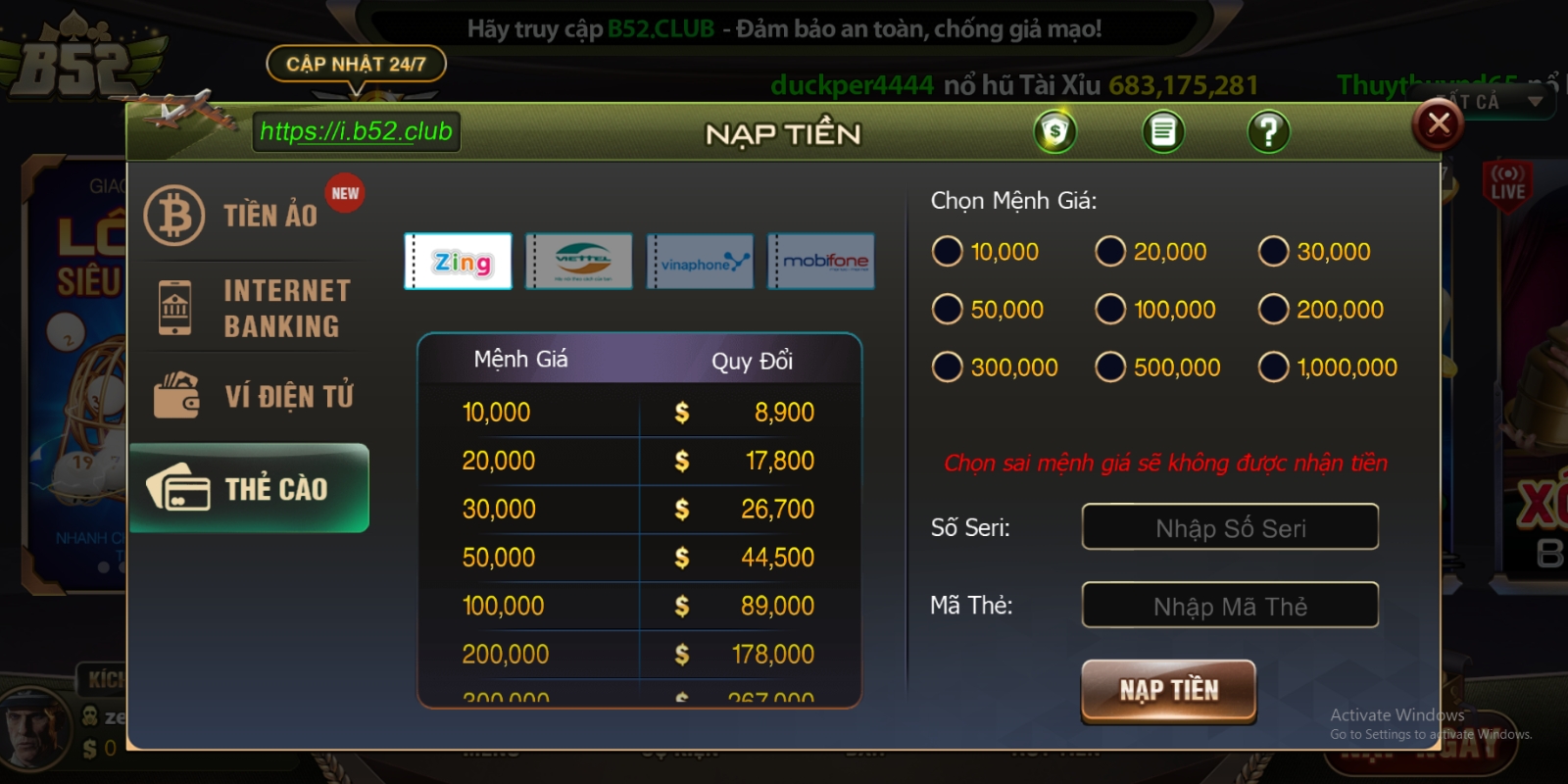 Sử dụng thẻ cào Viettel, Vinaphone, Mobifone hoặc Zing để tiến hành nạp tiền