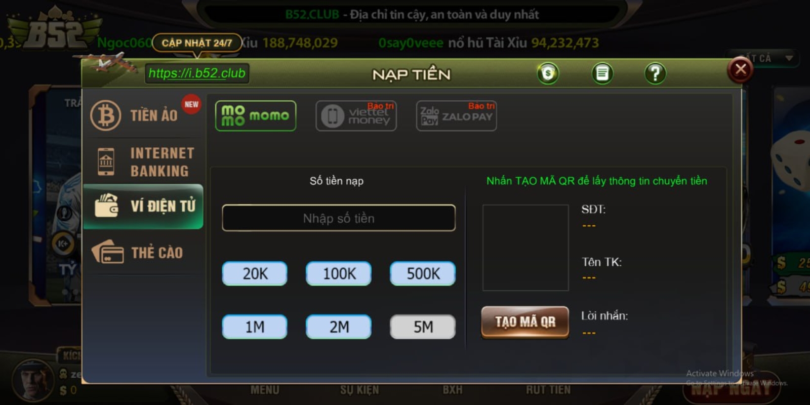 Sử dụng ví điện tử để tiến hành Nạp tiền B52 Club